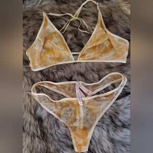 Victoria's Secret Sheer/Mesh Floral Yellow Gold Intimate Set - Bra L Thong M